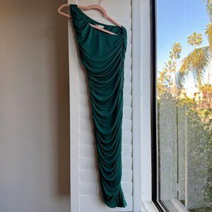 Endless Blu One Shoulder Asymmetrical Ruched Midi Dress in Blue Green size M